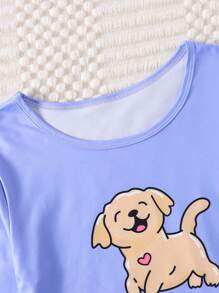 女孩可爱小狗印花简约上衣和裤子睡衣套装