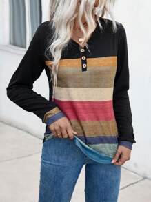 SHEIN Tall 女式 V 领纽扣长袖条纹印花拼布休闲针织 T 恤，随机印花图案 T 恤女式春季上衣 - 彩色 - 查看 7