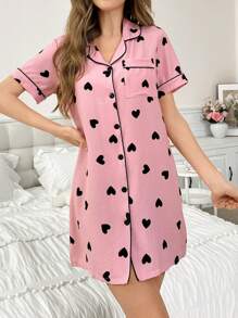 Color Contrast Trim Heart Print Lapel Button Down Women's Nightgown - Pink - View 3