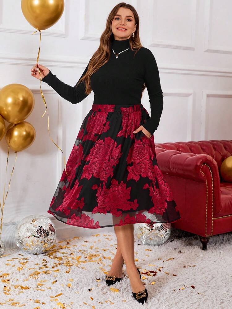 Plus Size Floral Patterned Minimalist A-Line Skirt,Christmas Clothes Women,New Years Women,Valentine's Day,Spring/Summer