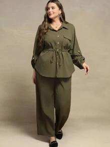 SHEIN Clasi 2pcs/Set Cinched Waist Shirt And Pants Set With Pockets, Short Sleeve - Army Green - View 4