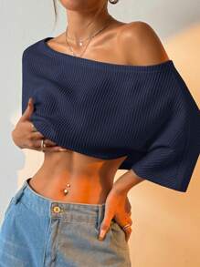 Muchica 女士罗纹斜肩宽松短款休闲 T 恤 - 藏蓝色 - 查看 5