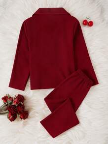 Young Girl Minimalist Lovely Cherry Embroidered Burgundy Loose Fitting 2pcs Pajama Set,Comfortable - Burgundy - View 2