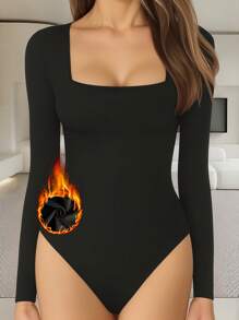Winter Thick Fleece Square Neck Long Sleeve Slim Bodysuit - Black - View 1