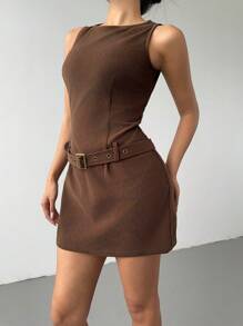 Aloruh Vestido mini acampanado de mujer en pana cepillada, con escote de barco, sin mangas, hombros descubiertos, y cinturón marrón con hebilla metálica decorativa