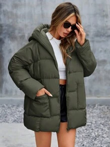 RueChic Zipper Front Hooded Padded Coat - Khaki - View 5