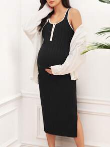 SHEIN Solid Color Scoop Neck Side Slit Bodycon Maternity Dress - Black - View 3