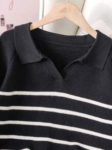 女童拼色黑白条纹针织毛衣，优雅圆领套头衫，适合青少年和青春期儿童