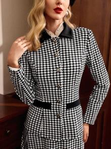 Vintamour Elegant Women's 2 Pieces Suit Set,Houndstooth Patchwork Black And White Long Sleeve Jacket&High Waist Pleated Skirt With Pockets,Summer Office Outfit - Black and White - View 4