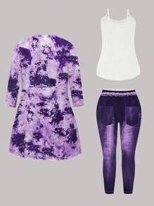 SHEIN Plus Size Women 3pcs Casual Set With Tie-Dye Printed Design Fall Cloth For Women