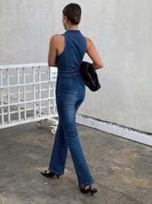 DAZY 女士无袖领口喇叭腿牛仔连体裤 - 深色水洗藍 - 查看 5