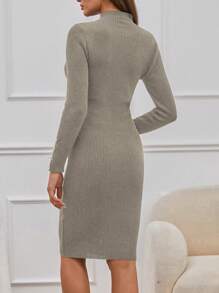 EURMUSE Mock Neck Button Front Sweater Dress Without Belt - Cream - View 2