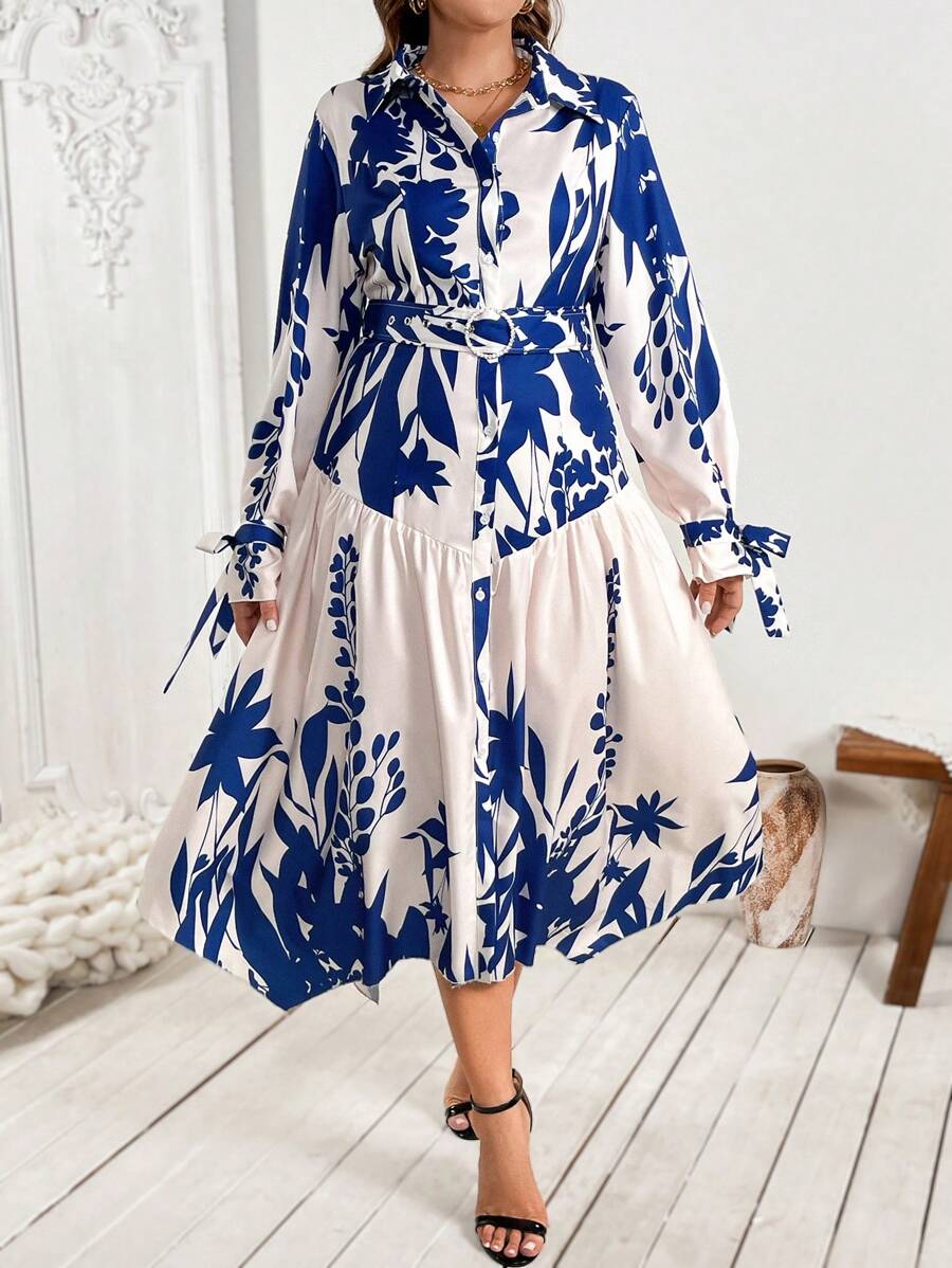 Flirla Plus Size Front Button Long Sleeve Floral Print Casual Dress Maxi Women Outfit - Multicolor - View 1