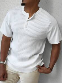 Manfinity CityGents Camiseta casual de punto de manga corta y cuello redondo con abotonadura parcial en el bajo, para otoño/invierno para hombre