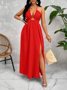 SOLERSUN Crisscross Tie Backless Halter Swing Dress For New Year Clothes Maxi Women Outfit - Red - View 6