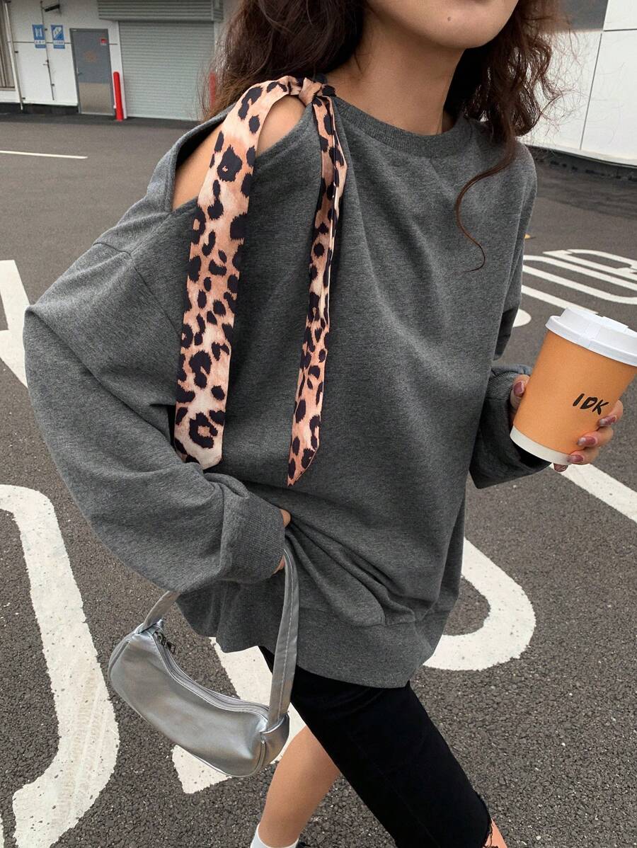 DAZY Women Leopard Print Lace-Up Decoration Crew Neck Sweatshirt Cheetah Print,Fall Clothes - Grey - View 1