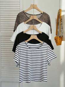 SHEIN EZwear Camisetas básicas de punto con cuello redondo, de ajuste ceñido, para mujer de talla grande, en paquete múltiple, diseño lindo para primavera