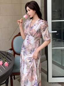 DAZY V-Neck Floral Print Puff Sleeve Mid-Length Dress For Women