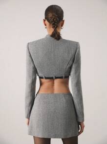 SHEIN Unity 女式人字纹长袖短款上衣和侧开衩下摆中长裙两件套服装，时尚 - 灰色 - 查看 2