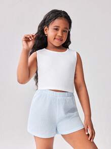 SHEIN Tween Girl Casual Fashionable Ruffled Blouse Paired With Matching Bottom, 2pcs Set, & Sweet, Comfortable Soft Fabric Suitable For Outdoor, Casual Gatherings, Vacation, School And Other Occasions - Multicolor - View 6