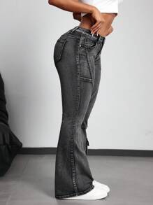 SHEIN PETITE Women's Pockets Design Flared Leg Casual Versatile Jeans - Black - View 5