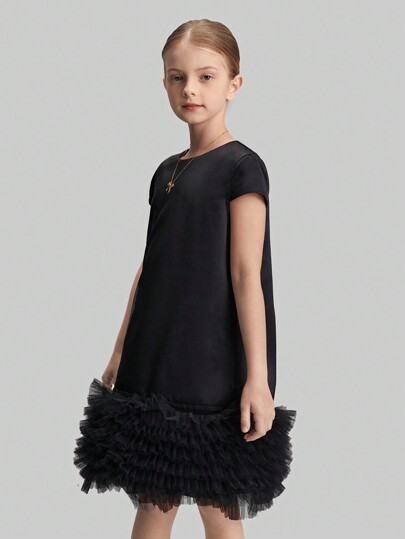 Ontre Tween Girl's Casual Contrast Mesh Splice Dress