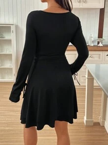 SHEIN V-Neck Waisted Long Sleeve Black Maternity Dress, New Autumn Collection