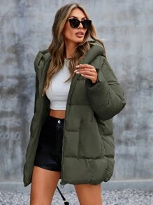 RueChic Zipper Front Hooded Padded Coat - Khaki - View 3