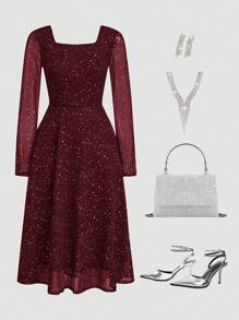 Ellevyn Christmas Women's Winter Long Sleeved Square Collar With Transparent Sparkling Lace Sleeves, Waist Cinched A-Line Dress - Burgundy - View 1
