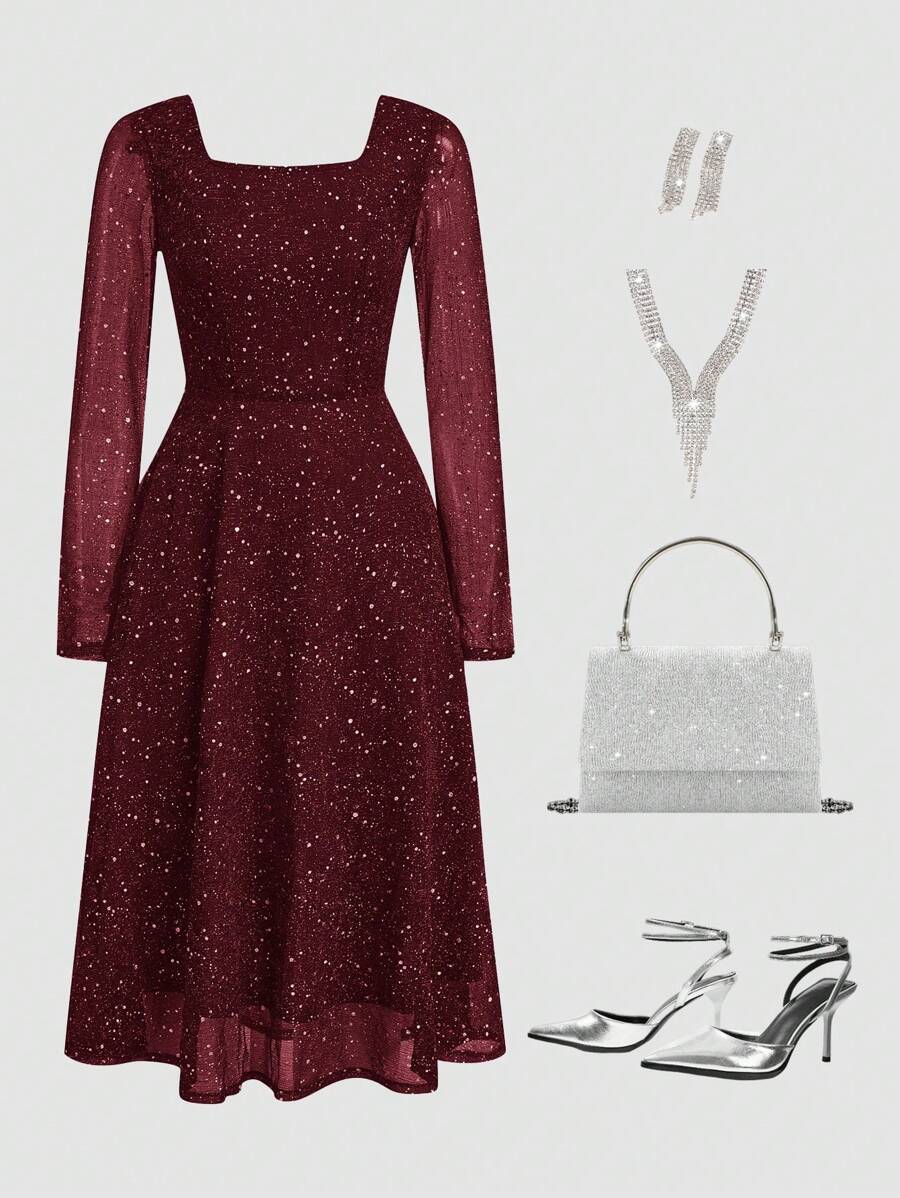 Ellevyn Christmas Women's Winter Long Sleeved Square Collar With Transparent Sparkling Lace Sleeves, Waist Cinched A-Line Dress - Burgundy - View 1
