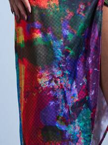Armand Designer Women's Multicolor Gradient Abstract Print High Slit Draped Holiday Party Skirt, For Festival - Orange - View 8
