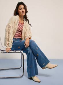 WESTFADE 高腰夏季花朵刺绣原边阔腿牛仔裤 - 中等水洗藍 - 查看 4