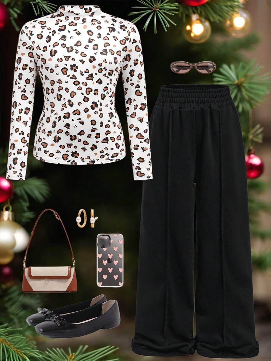 Tween Girl Leopard Print Knit Top & Solid Color Loose Straight Leg Casual Pants, Christmas Outfit - Black - View 1