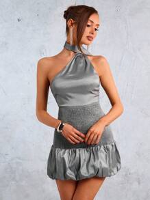 SHEIN SXY 女士纯色抽绳荷叶边下摆无袖性感迷你连衣裙 - 淺灰色 - 查看 5