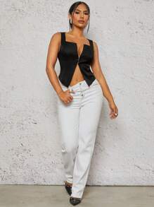 SHEIN SXY Women's Solid Color Square Neck Sleeveless Top With Front Button Design And Split Hem