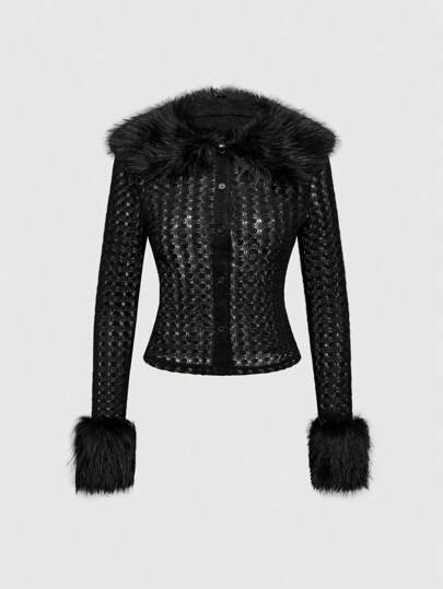 Grunge Punk Cardigan côtelé ajusté avec col en fausse fourrure rétro Y2K pour femmes