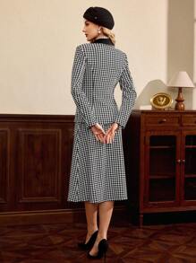 Vintamour Elegant Women's 2 Pieces Suit Set,Houndstooth Patchwork Black And White Long Sleeve Jacket&High Waist Pleated Skirt With Pockets,Summer Office Outfit - Black and White - View 7