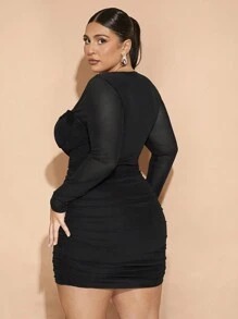 SHEIN BAE 大码秋冬优雅派对甜美性感女士棕色拼色蕾丝领口褶皱迷你连衣裙派对装万圣节派对圣诞派对感恩节女装秋季服装秋季女装节日连衣裙优雅连衣裙感恩节女装感恩节服装圣诞服装圣诞派对礼服感恩节礼服，毕业礼服 - 黑色 - 查看 2