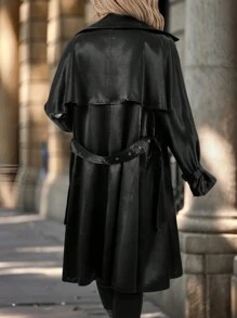 SHEIN Clasi 女款水晶缎黑色长袖A字宽松中长款风衣，秋冬冬季风衣女外套冬季女外套长款女外套 - 黑色 - 查看 2