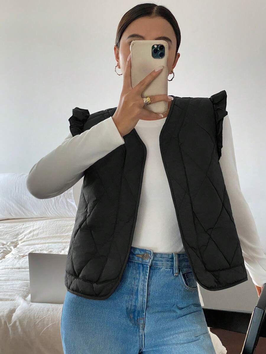 Siren Gaze 女士休闲纯色无袖夹克，冬季 - 黑色 - 查看 1