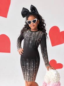 Vestido negro de manga larga con cuello redondo, degradado y brillo, con estampado gráfico para niñas preadolescentes. Bellamente diseñado, adecuado para todas las estaciones, eventos formales, salidas y para ir a juego