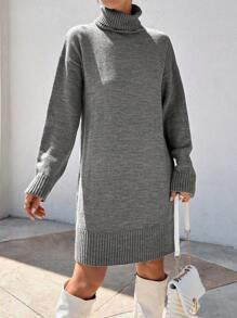 EURMUSE Women High Neck Loose Fit Dropped Shoulder Knit Sweater Dress, Casual For Autumn & Winter - Dark Grey - View 2