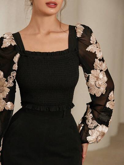 Aveloria Rosie Delicate Romantic French Style Floral Embroidery Puff Sleeve Cropped Top, Versatile For Women, Suitable For Spring & Summer, Valentine's Day