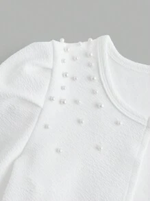 SHEIN Tween Girl 甜美泡泡袖纹理针织夹克，肩部有 3D 珍珠装饰，优雅短款开衫 - 白色 - 查看 5