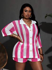 Slaydiva Bộ đồ áo len kẻ sọc và quần short đơn giản giản dị cỡ lớn cho nữ mùa hè - Màu Hồng Tươi - Xem 4