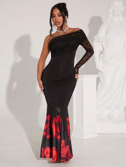 SHEIN SXY 1 pieza Vestido ajustado de mujer de un solo hombro de manga larga y unicolor con parches de encaje