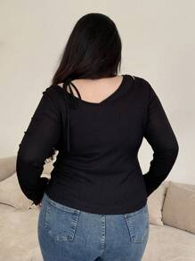 Dazy Plus Ribbed Elastic Fitted Belt Solid Color Long Sleeve Black T-Shirt, Spring/Summer/Autumn
