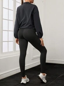 SHEIN Gravid sportig triangel 2st set, screentryck designjacka med justerbar dragkedja - Svart - Visa 2