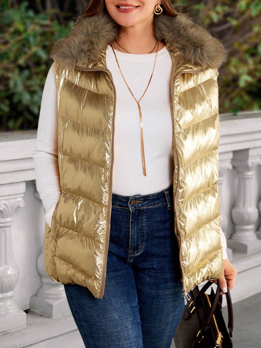 EMERY ROSE Plus Size Sleeveless Zipper Pocket Winter Coat With Fur Collar, Simple Fashion Casual Outerwear For Daily Wear, Thanksgiving Women, New Years Women ,Winter Coats - Gold - View 1