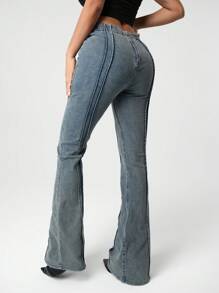 SHEIN ICON Y2K Jeans femininos de cintura baixa com cordão e alargamento, casuais e versáteis, jeans de cintura baixa, jeans largos, jeans femininos de perna reta, jeans femininos de cintura baixa com cordão e alargamento, casuais e versáteis - Azul - Ver 11